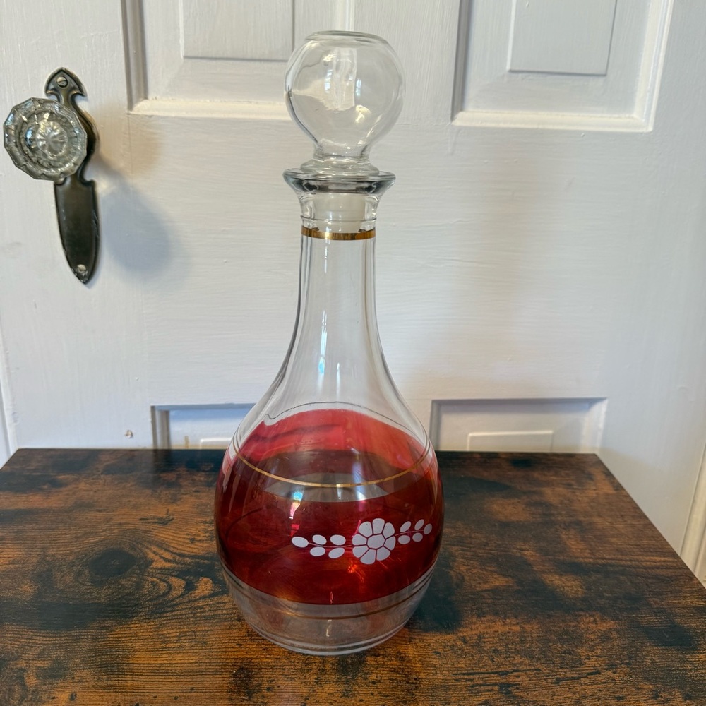 Vintage Italian Decanter Fidenza Italy Decanter with Cranberry Stripe.